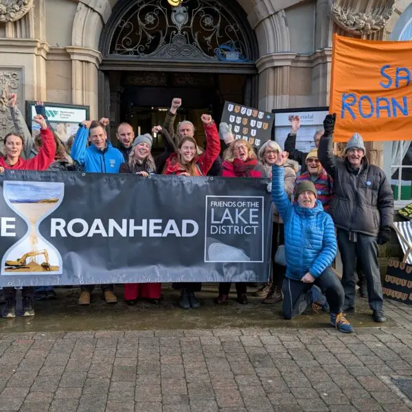 Protestors celebrate with a banner that says Save Roanhead
