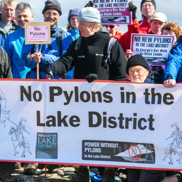 Protestors with a banner that says No pylons in the Lake District