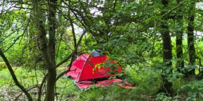 Abandoned tent from fly camp in woods, east shore of Windermere.