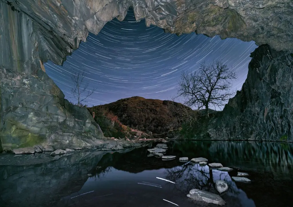 View from Rydal Cave at night with stars by Ian Brown