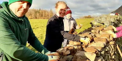 Group of 4 volunteers building a dry stone wall