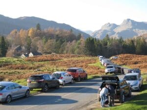 Cars parked on Elterwater common