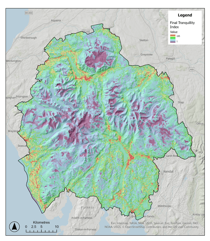 A map showing different colours representing tranquillity levels in the Lake District 